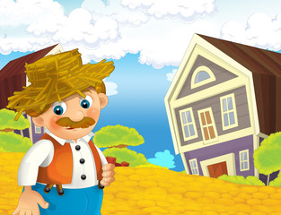 cartoon scene with happy man working on the farm - standing and smiling / illustration for children