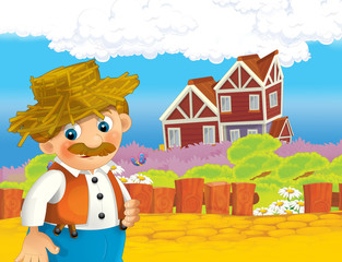 cartoon scene with happy man working on the farm - standing and smiling / illustration for children