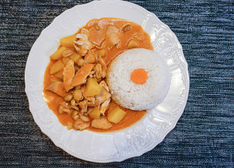Rice and chicken on white plate