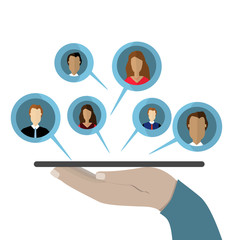 Social Networks and Internet communication concept. Hand holds a tablet and share data on cloud. flat illustration.