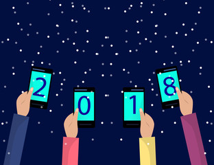 Concept of xmas and new year holidays celebration with snowflakes for Greeting card design. Hands holding mobile phones. Flat illustration.