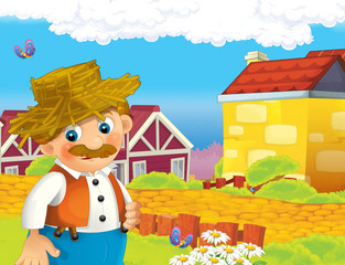 cartoon scene with happy man working on the farm - standing and smiling / illustration for children