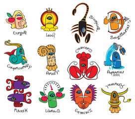 Vector set of twelve signs of the zodiac in the form of bright colored funny monsters in flat style. Icons for astrology horoscopes