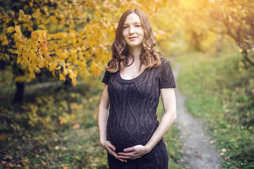 Fototapeta premium Portrait of pregnant woman belly in colorful autumn forest in September. Concept of pregnancy and the seasons