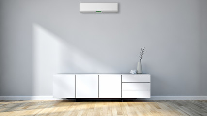 Modern bright empty room with air conditioning, white wall. 3D rendering