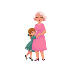 vector flat cartoon small girl kid, grandmother in pink dress hugging smiling. Isolated illustration on a white background. Grandparents and children relationship concept
