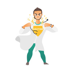 vector flat cartoon young male super doctor, handsome physician in medical clothing, white gown and glasses smiling. Isolated illustration on a white background.