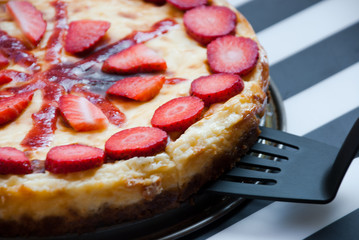 Strawberry cheesecake. Homemade cake. Food background.