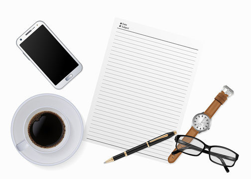 Working desk table with notebook, pen, smart phone, watch, glasses and cup of coffee. Top view with copy space. vector illustration.