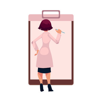 Young woman doctor writing in huge, giant medical card, patient chart, cartoon vector illustration isolated on white background. Cartoon woman doctor filling in huge, giant medical card