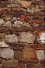European unusual historic detailed red yellow brick vintage wall of old house background. Closeup portrait