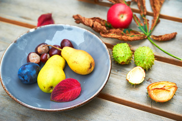 Ripe fruits of autumn trees lie in a plate and on a table