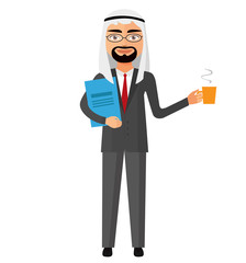 Arab businessman with a cup of tea and teapot vector flat cartoon illustration.