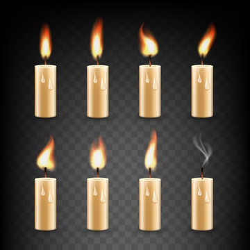Vector realistic candle with fire animation icon set