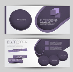 Flyer banner or web header template set. Vector illustration promotion design background. Purple color.