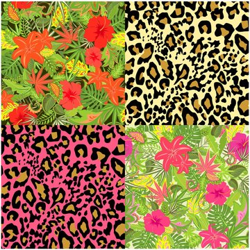 Collection of decorative floral seamless background with exotic flowers, tropical leaves, animal print for fabric, textile, wrapping paper, wallpaper, web design