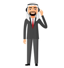 Arab business customer service call center operator on duty iran man customer service vector illustration.