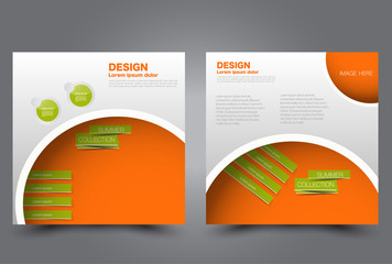 Square flyer template. Brochure design. Annual report poster. Leaflet cover. For business and education. Vector illustration. Orange and green color.