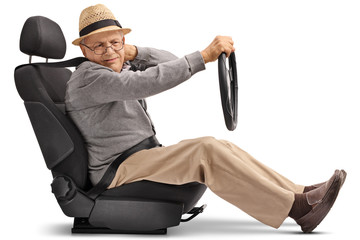 Mature man seated in a car seat experiencing neck pain