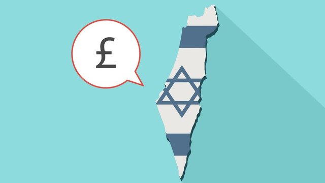 Animation of a long shadow Israel map with its flag and a comic balloon with a pound sterling sign