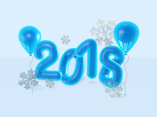 2018 Happy new year balloons. Happy New Year background with blue number balloons with snowlflakes. 3D illustration