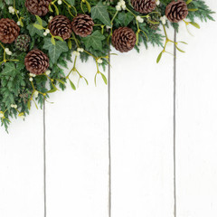 Juniper fir, mistletoe, pine cone and ivy background winter border on distressed white wood.