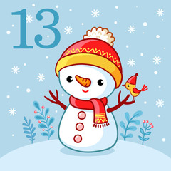 Vector christmas advent calendar in childrens style. Cute snowman stands in a snowy glade. Winter illustration.