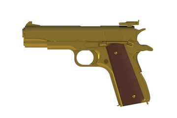 Beside view of gold M1911 semi-automatic .45 caliber pistol isolated on white background, 3D rendering