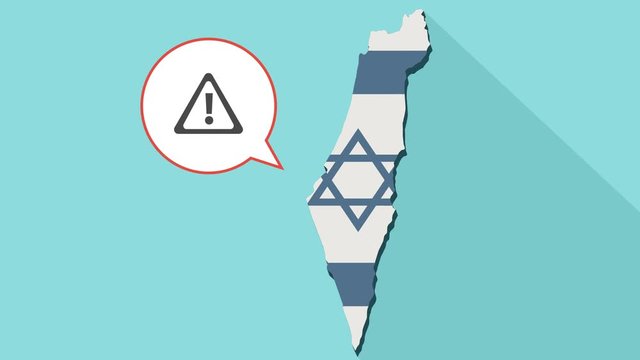 Animation of a long shadow Israel map with its flag and a comic balloon with a warning sign
