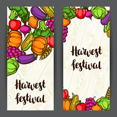 Harvest festival banners. Autumn illustration with seasonal fruits and vegetables