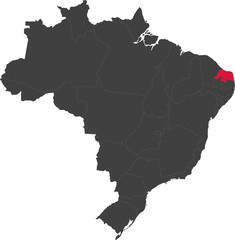 Obraz premium Map of Brazil split into individual states. Highlighted state of Rio Grande do Norte.