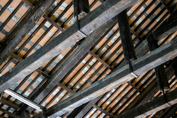 Traditional Europe rural gabled roof, Old barn detail, Photo shoot of interior house, Detail of  part of old renovated roof