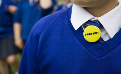 Young person in blue school uniform with a prefect badge