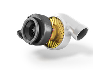 The turbine to the machine is black gray gold 3d render on white background