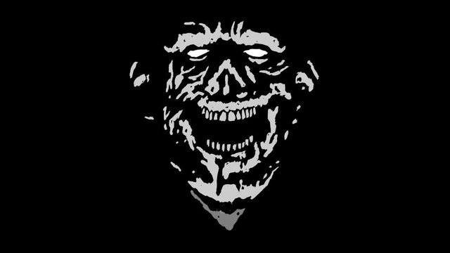 Crazy laughing zombie head with torn face. Scary monster character. Evil demon looped 2D animation. Horror fantasy genre. Spooky animated video clip. Creepy grim reaper smile. Gloomy ghost in haze. 