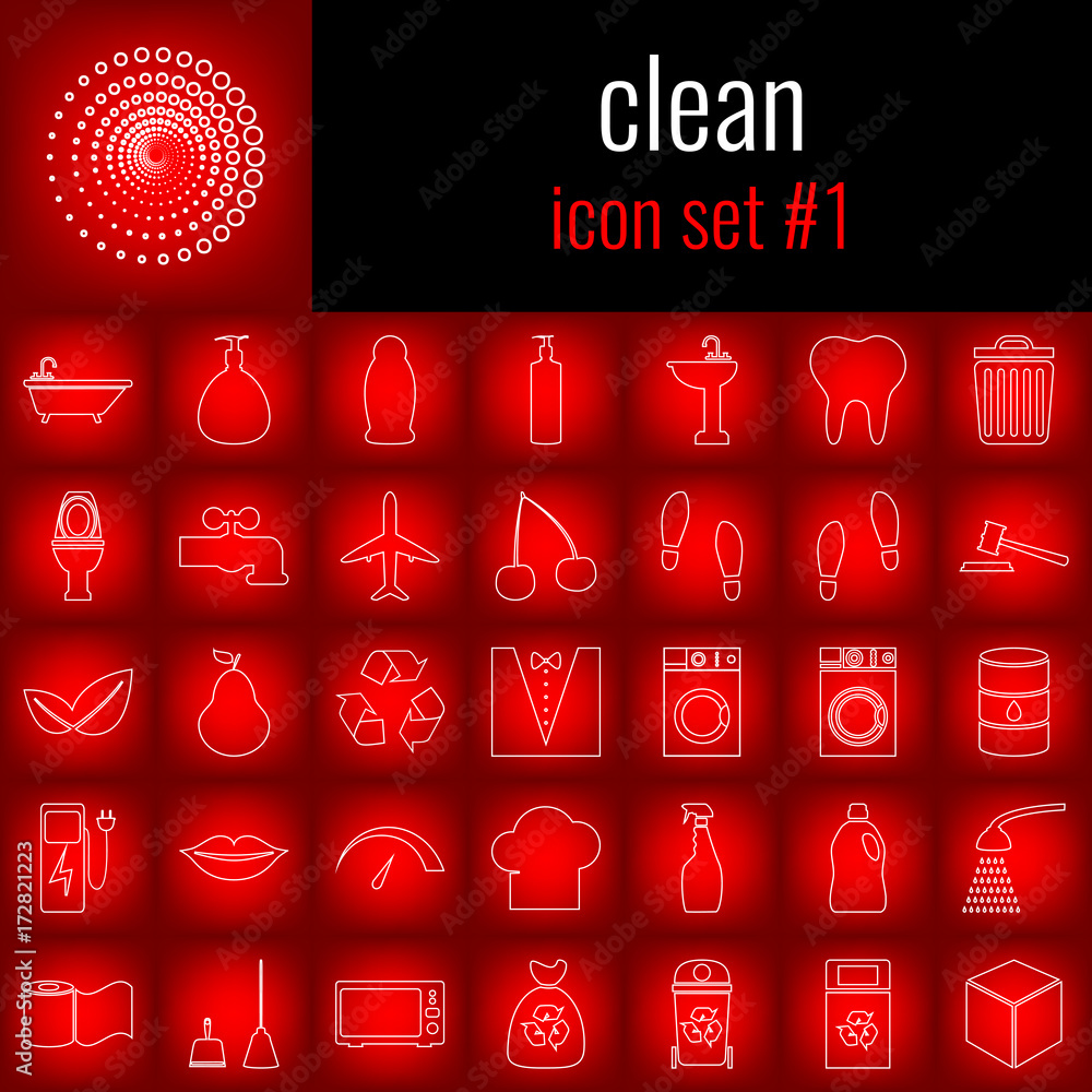 Poster clean. icon set 1. white line icon on red gradient backgrpund.