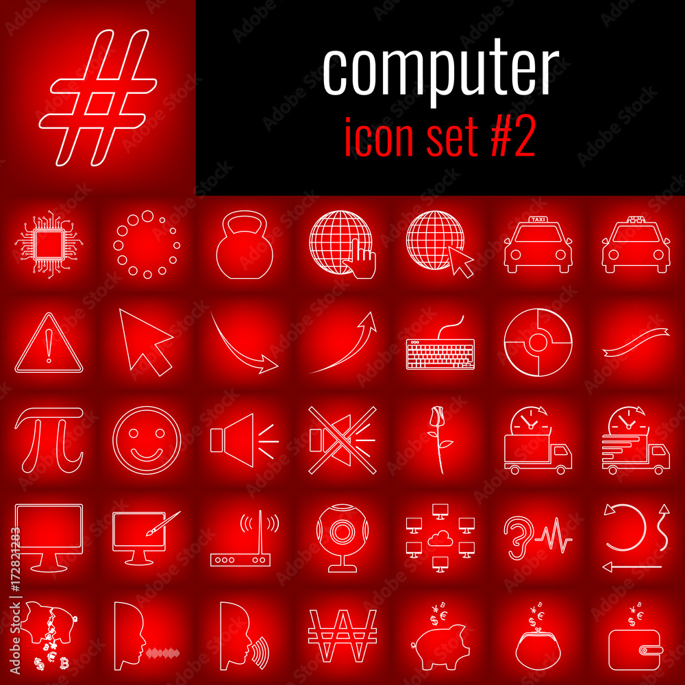 Poster computer. icon set 2. white line icon on red gradient backgrpund.