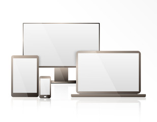 Realistic Computer, Laptop, Tablet and Mobile Phone with Transparent Wallpaper Screen Isolated. Set of Device Mockup Separate Groups and Layers. Easily Editable Vector.