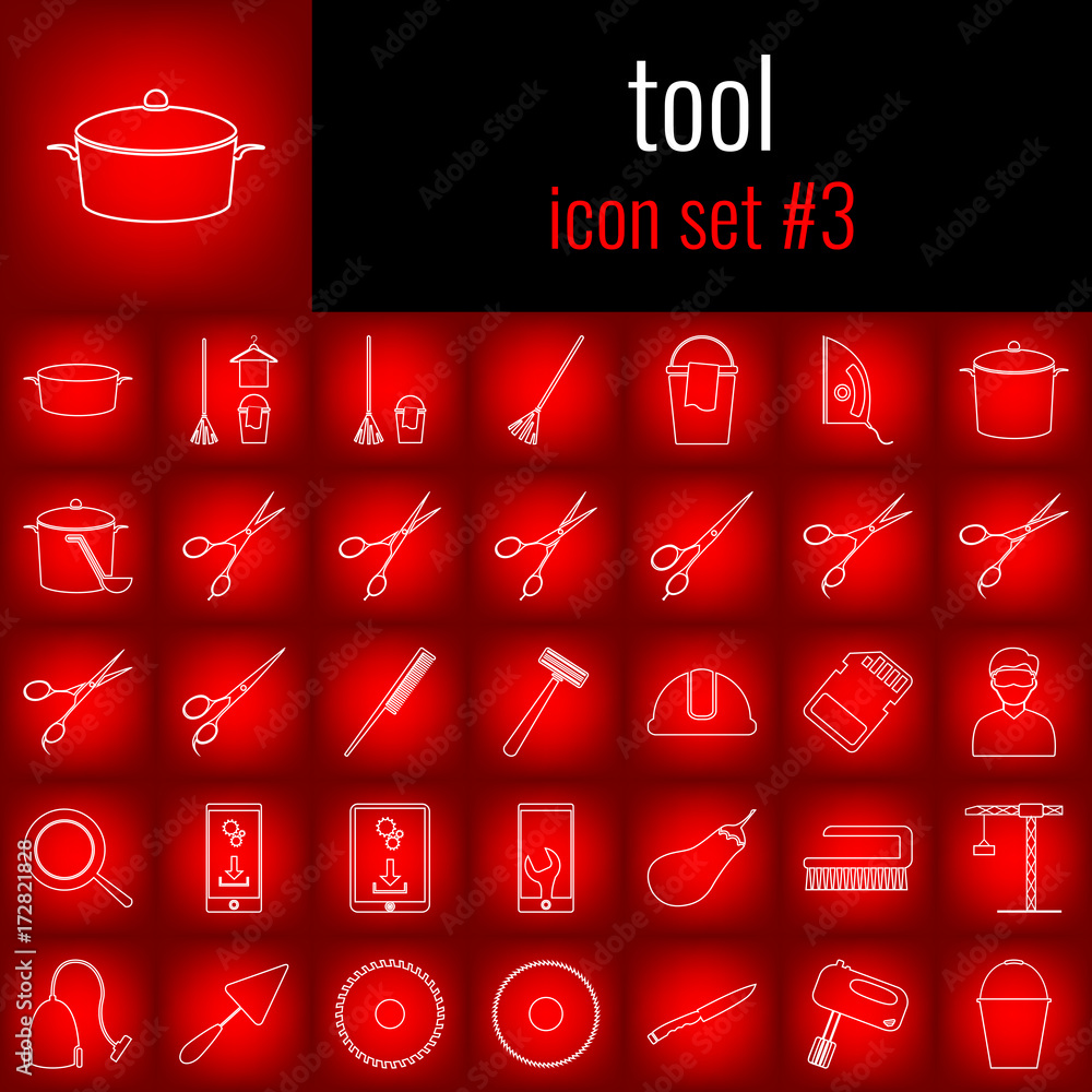 Poster tool. icon set 3. white line icon on red gradient backgrpund.
