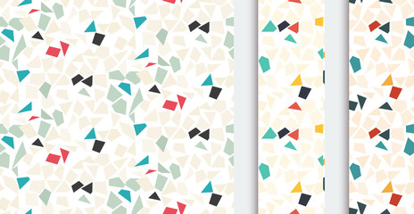 Abstract geometric seamless pattern with different simple geometric shapes, in three color versions