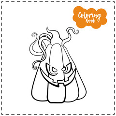 Vector outline illustration of a pumpkin lantern for Halloween with emotion on a white background