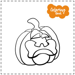 Vector outline illustration of a pumpkin lantern for Halloween with emotion on a white background