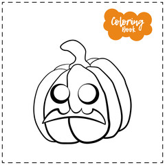Vector outline illustration of a pumpkin lantern for Halloween with emotion on a white background