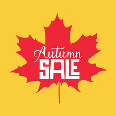 Autumn sale hand lettering greeting card design element with maple leaves