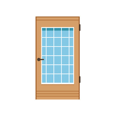 Wooden entrance door with glass, closed elegant door vector illustration