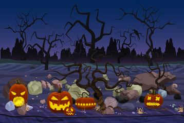 Vector illustration of mystery forest with pumpkin lanterns for Halloween placed in stones at night.