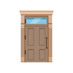 Classic wooden front door to house, closed elegant door vector illustration