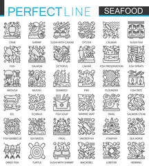 Seafood outline mini concept symbols. East restaurant sea food modern stroke linear style illustrations set. Perfect thin line icons.