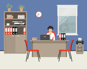Web banner of an office worker. The young woman is an employee at work. There is furniture in beige color, red chairs and printer on a window background in the picture. Vector flat illustration