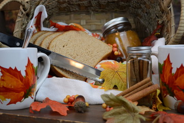 Autumn food set with tea, cup bread, and jelly